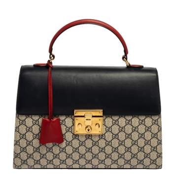Pre Owned Gucci  Tri Color GG Supreme Canvas and Leather Medium Padlock Top Handle Bag