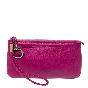 Pre Owned Gucci Magenta Leather Wristlet Clutch