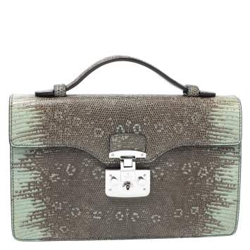 Pre Owned Gucci Light Green/Grey Lizard Lady Lock Flap Top Handle Bag