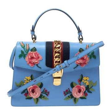 Pre Owned Gucci Blue Floral Embroidered Leather Medium Sylvie Top Handle Bag