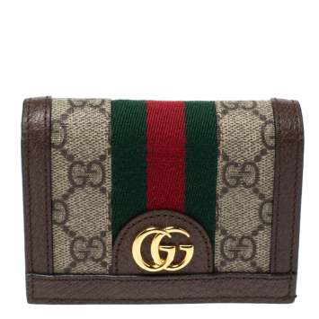 Pre Owned Gucci Beige/Brown GG Supreme Canvas and Leather Ophidia Web Compact Wallet