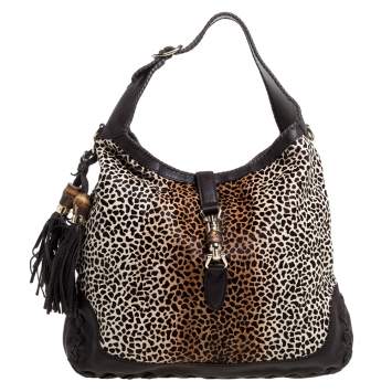 Pre Owned Gucci Brown  Animal Print Calf Hair and Leather Large New Jackie Hobo