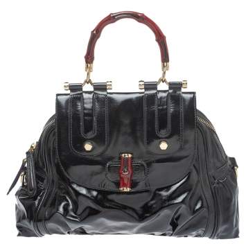 Pre Owned Gucci Black Coated Nylon and Patent Leather Dialux Pop Bamboo Top Handle Bag