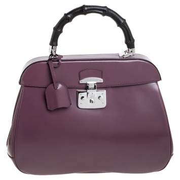 Pre Owned Gucci Old Rose Patent Leather Lady Lock Bamboo Large Top Handle Bag