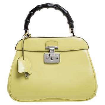 Pre Owned Gucci Yellow Patent Leather Lady Lock Bamboo Top Handle Bag