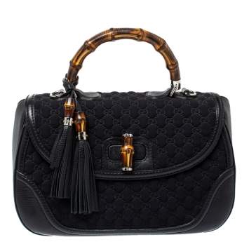 Pre Owned Gucci Black GG Neoprene and Leather Large New Bamboo Tassel Top Handle Bag