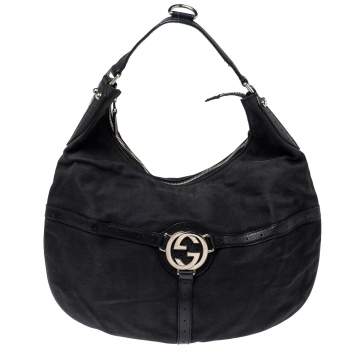 Pre Owned Gucci Black Canvas and Perforated Leather Reins Hobo