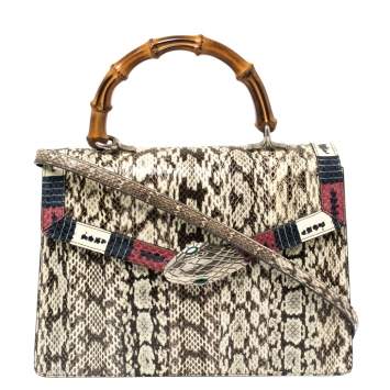 Pre Owned Gucci Beige Snakeskin Medium Lilith Bamboo Top Handle Bag