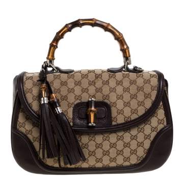 Pre Owned Gucci Beige/Brown Canvas and Leather Large New Bamboo Tassel Top Handle Bag