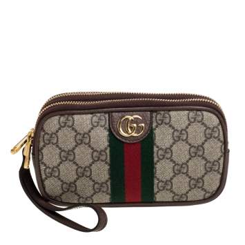 Pre Owned Gucci Beige/Ebony GG Supreme Canvas and Leather Ophidia Wristlet Pouch
