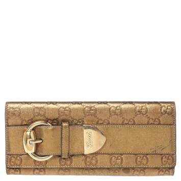 Pre Owned Gucci Gold Guccissima Leather Buckle Continental Wallet