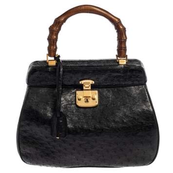 Pre Owned Gucci Black Ostrich Lady Lock Bamboo Top Handle Bag
