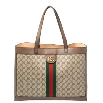 Pre Owned Gucci Ebony/Beige GG Supreme Canvas and Leather Medium Ophidia Soft Tote