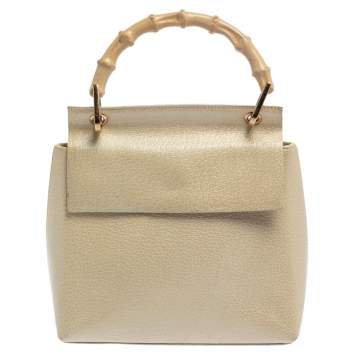 Pre Owned Gucci Ivory Leather Vintage Bamboo Top Handle Bag