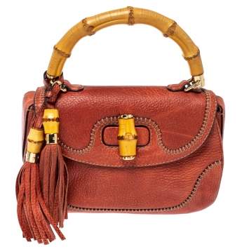 Pre Owned   Gucci Dark Orange Grain Leather Medium New Bamboo Top Handle Bag