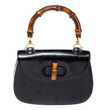 Pre Owned Gucci Black Leather Small Bamboo Top Handle Bag