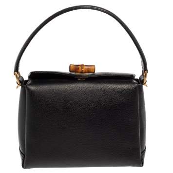 Pre Owned Gucci Black Leather Bamboo Turn Lock Top Handle Bag
