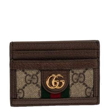 Pre Owned Gucci Beige/Ebony GG Supreme Canvas and Leather Ophidia GG Card Case