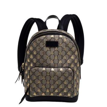 Pre Owned Gucci Beige/Black GG Supreme Canvas and Leather Bees Backpack