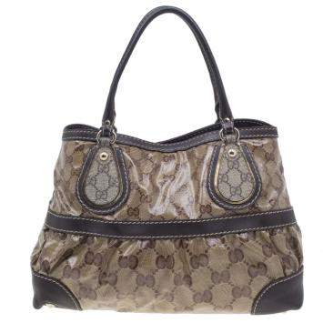 Pre Owned Gucci Brown Coated Canvas Monogram Crytal Mix Tote 