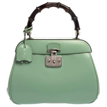 Pre Owned Gucci Mint Green Patent Leather Lady Lock Bamboo Top Handle Bag
