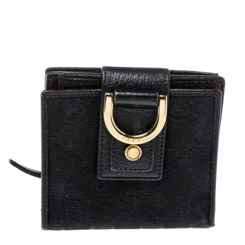 Pre Owned Gucci Black GG Canvas and Leather D Ring Compact Wallet