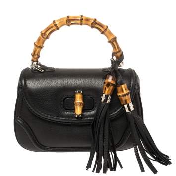 Pre Owned Gucci Black Leather Small New Bamboo Top Handle Bag