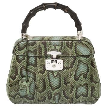 Pre Owned Gucci Green Python Lady Lock Bamboo Top Handle Bag