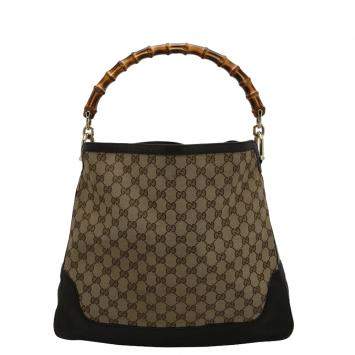 Pre Owned Gucci Beige GG Canvas Leather Peggy Bamboo Top Handle Bag