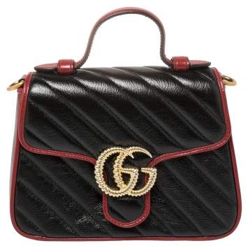 Pre Owned Gucci Black Diagonal Quilt Leather Mini GG Marmont Top Handle Bag