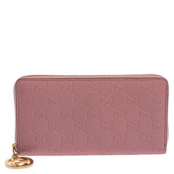Pre Owned Gucci Pink Guccissima Leather GG Icon Zip Around Wallet   