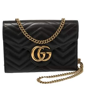 Pre Owned Gucci Black Matelasse Leather GG Marmont Wallet On Chain
