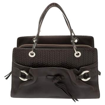 Pre Owned Lancel Dark Brown Braided Leather Front Pocket Tote 