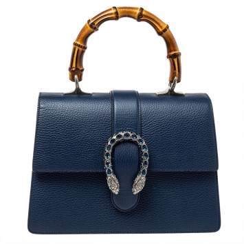 Pre Owned Gucci Navy Blue Leather Medium Dionysus Bamboo Top Handle Bag
