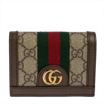 Pre Owned Gucci Brown GG Supreme Canvas and Leather Web Ophidia Card Case Wallet