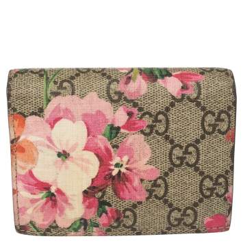 Pre Owned Gucci Beige/Pink GG Supreme Canvas Blooms Card Case