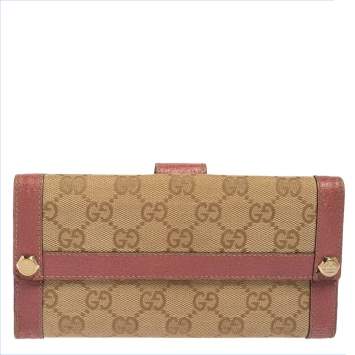 Pre Owned Gucci Beige/Pink GG Canvas and Leather Charmy Continental Wallet