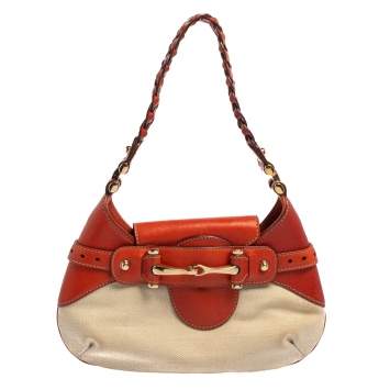 Pre Owned Gucci Beige/Orange Leather and Canvas Hobo