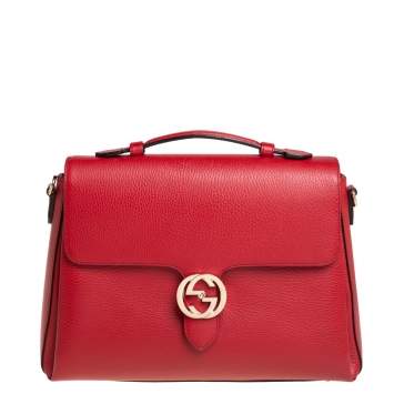 Pre Owned Gucci Red Leather Dollar Interlocking G Top Handle Bag