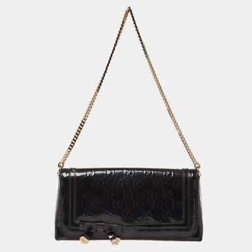 Pre Owned Gucci Black GG Patent Leather Flap Chain Clutch