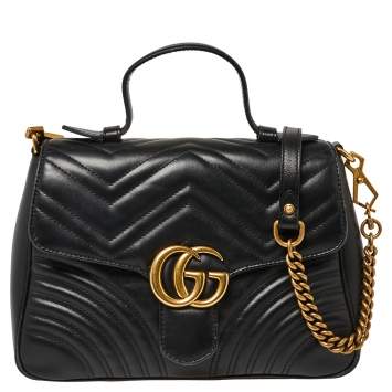 Pre Owned Gucci Black Matelasse Leather Small GG Marmont Top Handle Bag