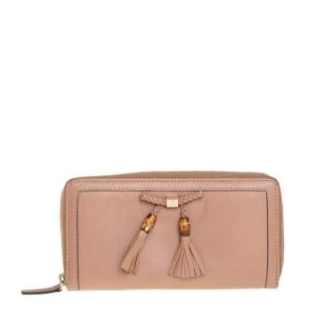 Pre Owned Gucci Beige Leather Bamboo Tassel Bow Zip Around Wallet