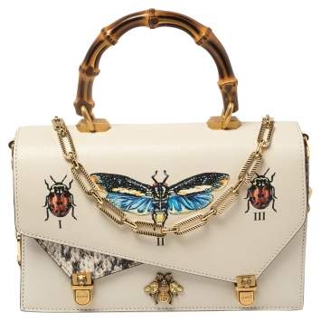 Pre Owned Gucci Cream Python and Leather Ottilia Bee Printed Bamboo Top Handle Bag