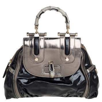 Pre Owned Gucci Black Coated Nylon and Patent Leather Dialux Pop Bamboo Top Handle Bag