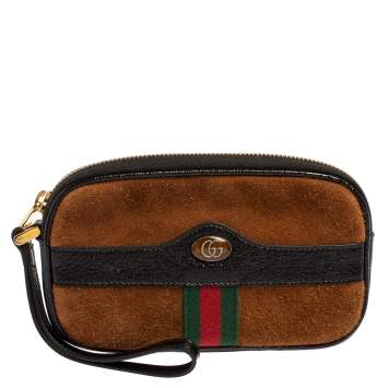 Pre Owned Gucci Brown/Black Suede and Patent Leather Ophidia Wristlet Pouch