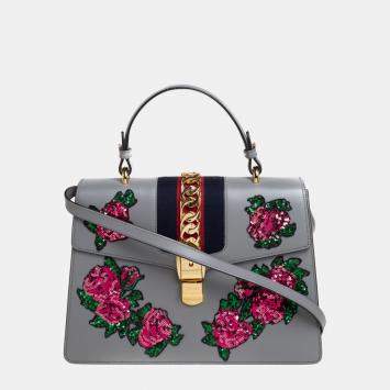 Pre Owned Gucci Grey Floral Sequins Patch Leather Medium Sylvie Top Handle Bag