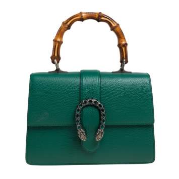 Pre Owned Gucci Green Leather Medium Dionysus Bamboo Top Handle Bag