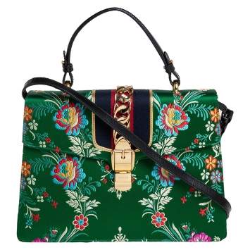 Pre Owned Gucci Green Satin Floral Brocade Sylvie Top Handle Bag