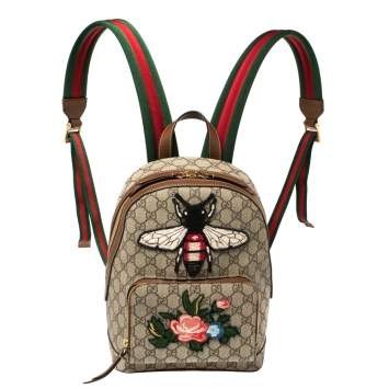 Pre Owned Gucci Beige/Brown Bee Embroidered GG Supreme Canvas and Leather Small Day Backpack