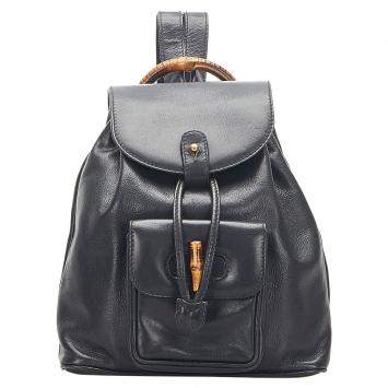 Pre Owned Gucci Black Calf Leather Bamboo Drawstring Backpack